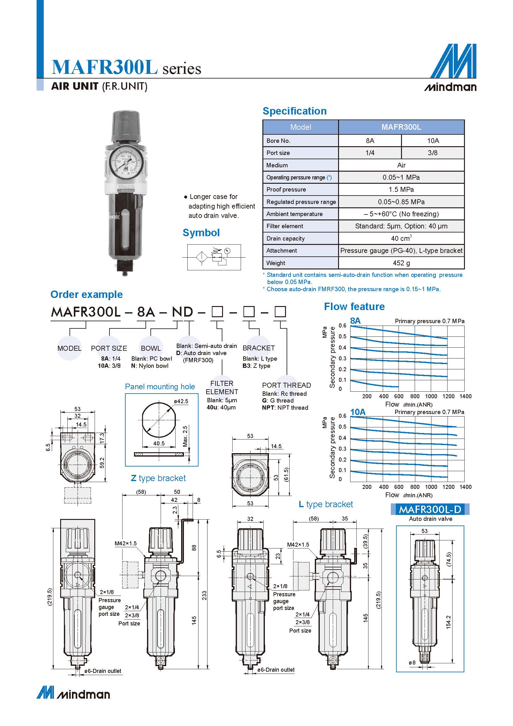 Mindman Air Regulator 3/8" Pipe Thread Auto Water Drain MACP300L-10A-D 